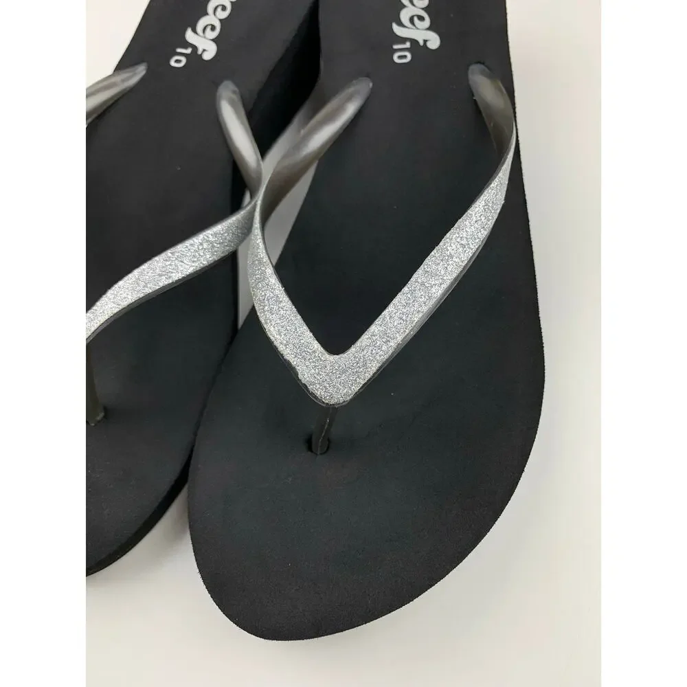 Reef Wedge Heel Flip Flops Sparkly Silver Thong Sandals Women's 10 Y2K